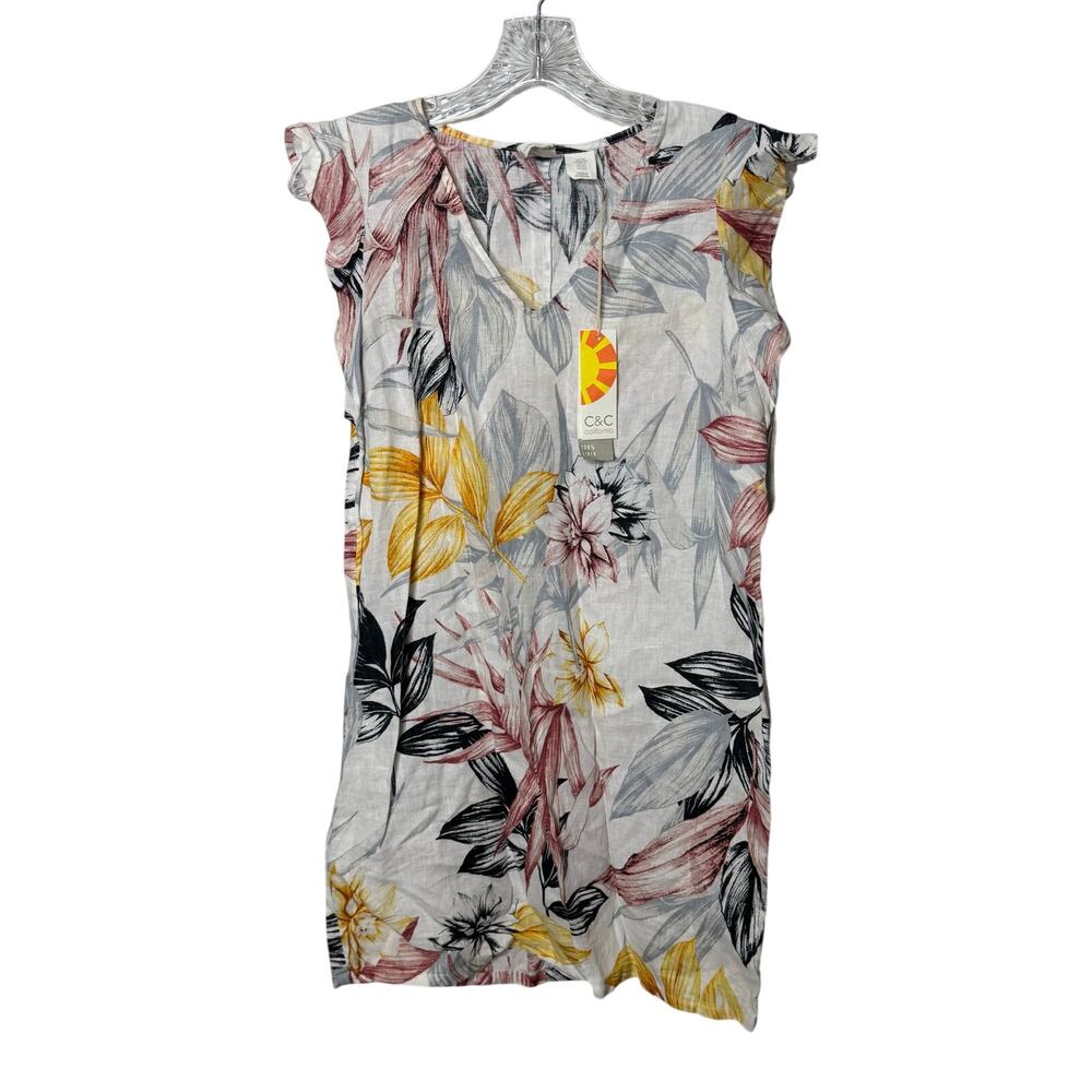 C&C Linen Dress Women’s XS White Floral Short Sleeve Lightweight Tropical Beach